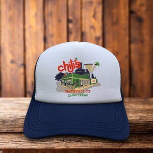 Chili's Mens Trucker Hat Navy Greenville Ave Dallas Texas Baby Back Ribs Cap